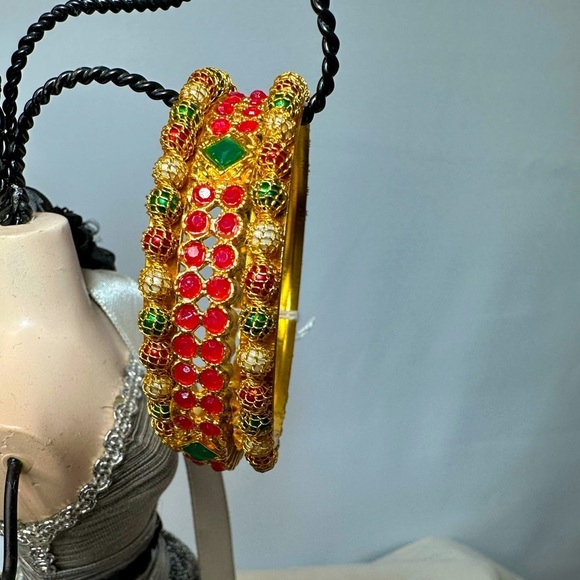 Elegant Gold Plated and Multicolor Bangles Set Of 3 Bracelets Unique Jewelry - Picture 2 of 5